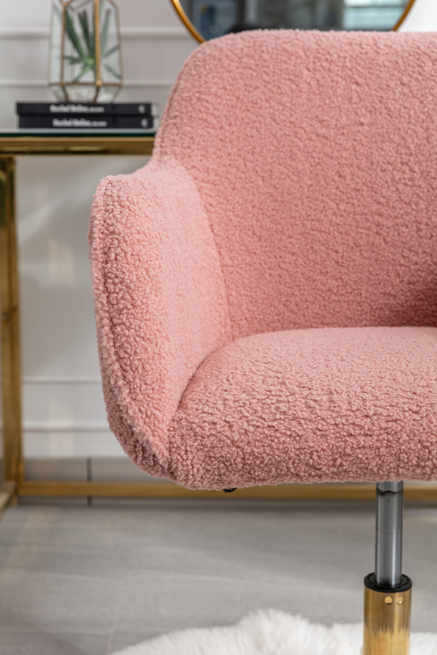 Chic Pink Teddy Swivel Chair with Gold Legs