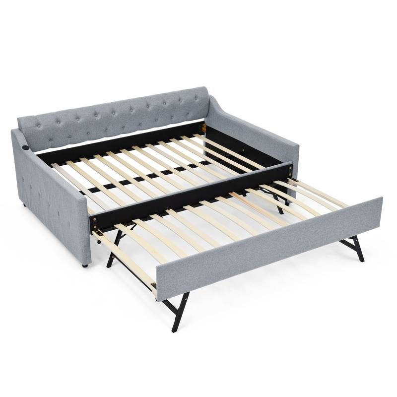 Linen Grey Daybed with Trundle and USB Charging