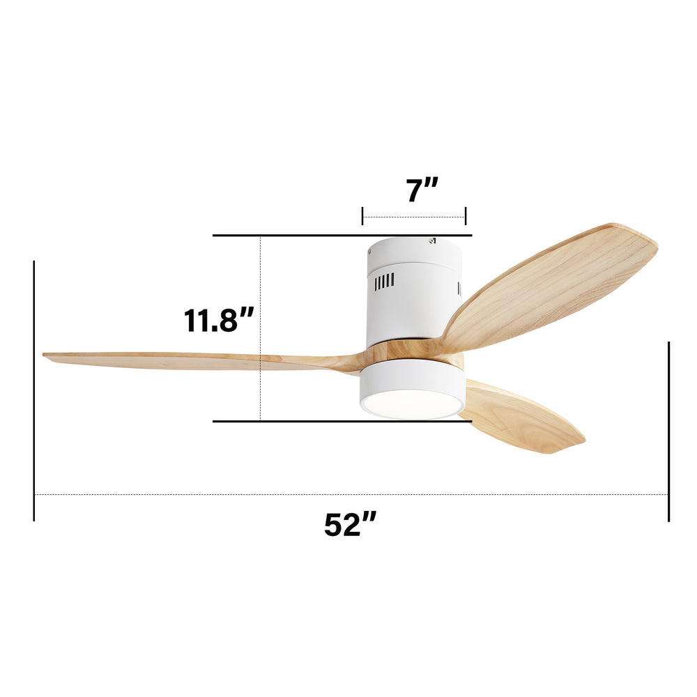 WhisperWind Flush Mount Ceiling Fan with Wood Blades and Remote Light