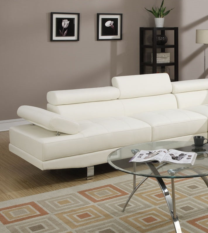 Stylish White Faux Leather Sectional Sofa with Adjustable Headrests