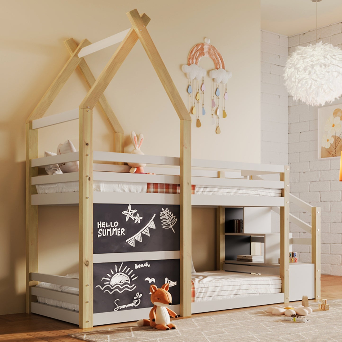 Cozy Twin House Bunk Bed with Storage Steps & 2 Fun Blackboards