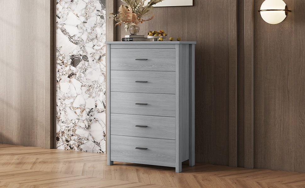 Rustic Charm Wooden Dresser with 5 Drawers in Light Gray