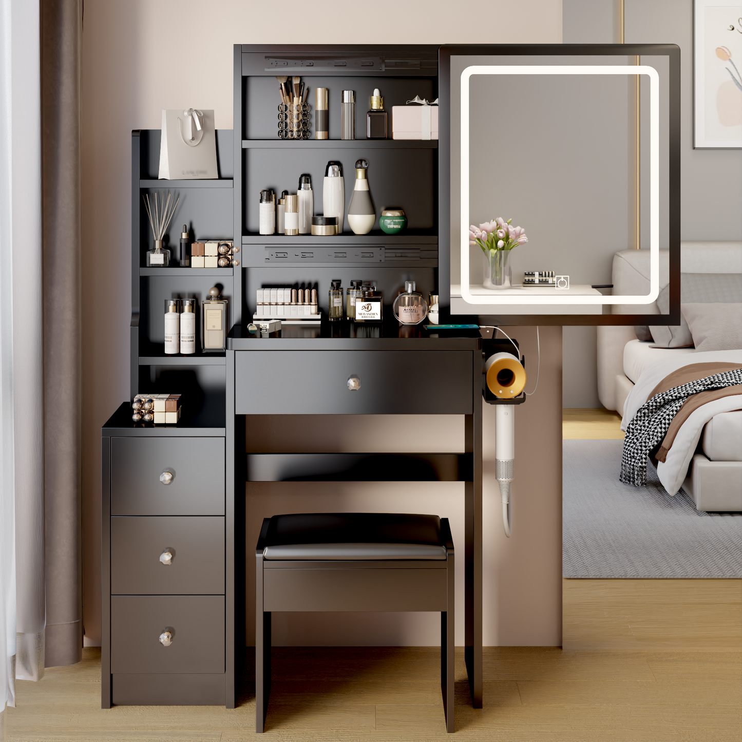 Chic Bedside Vanity with LED Mirror & Power Station