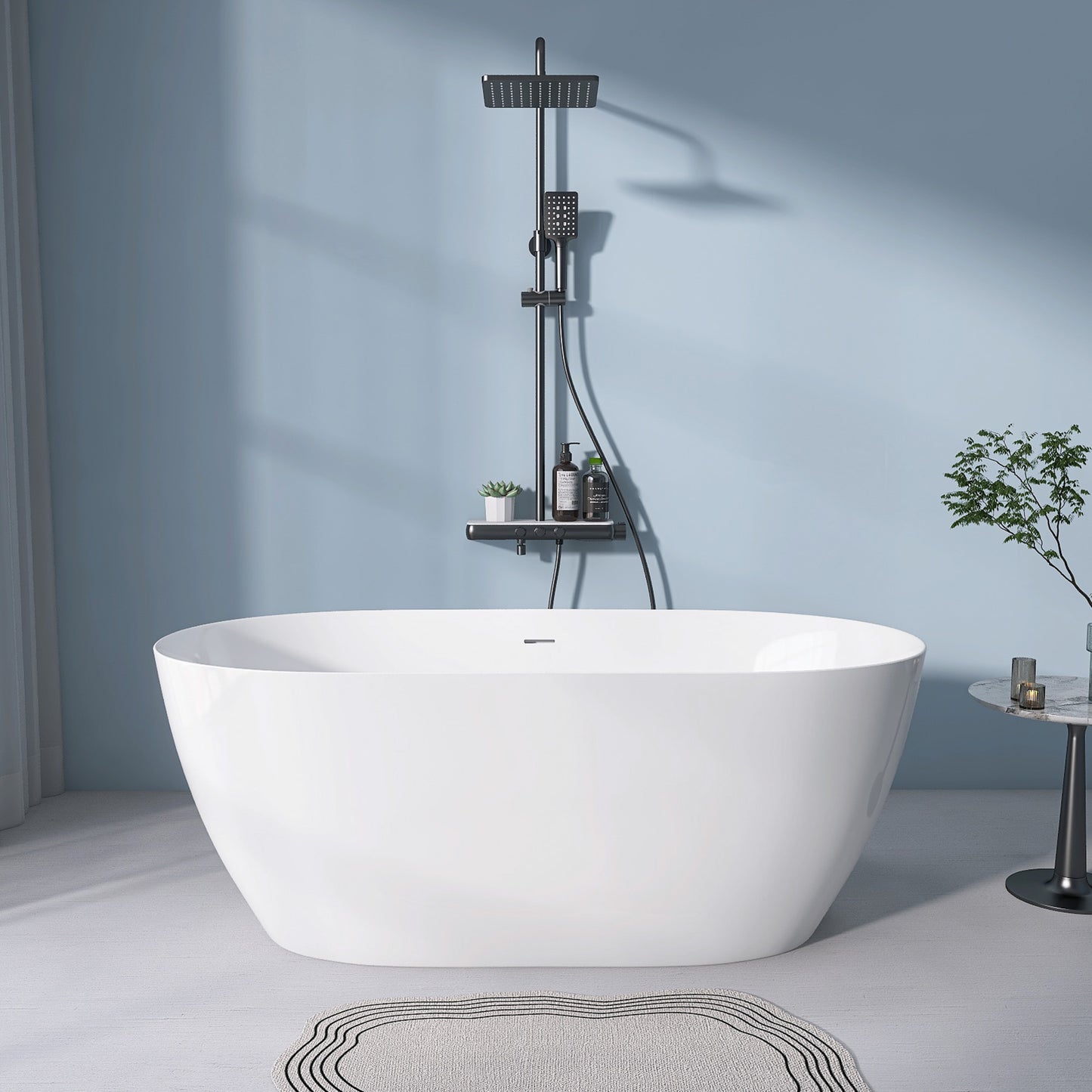 Sleek White Freestanding Soaking Tub with Pop-Up Drain