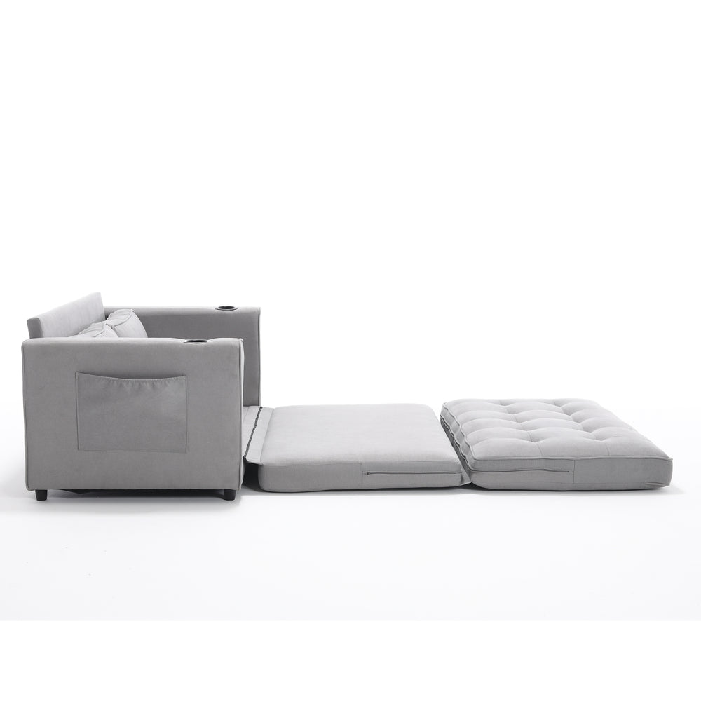 Cozy Convertible Futon Sofa Bed – Light Gray Loveseat with Side Pockets & Cup Holder