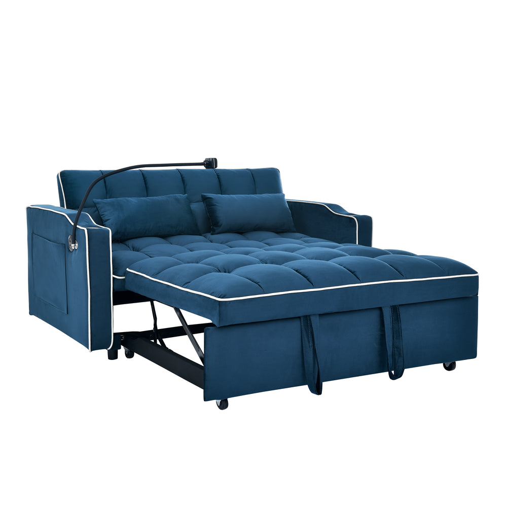 Blue Velvet Dream Sofa Bed: Foldable, Adjustable & USB-Ready