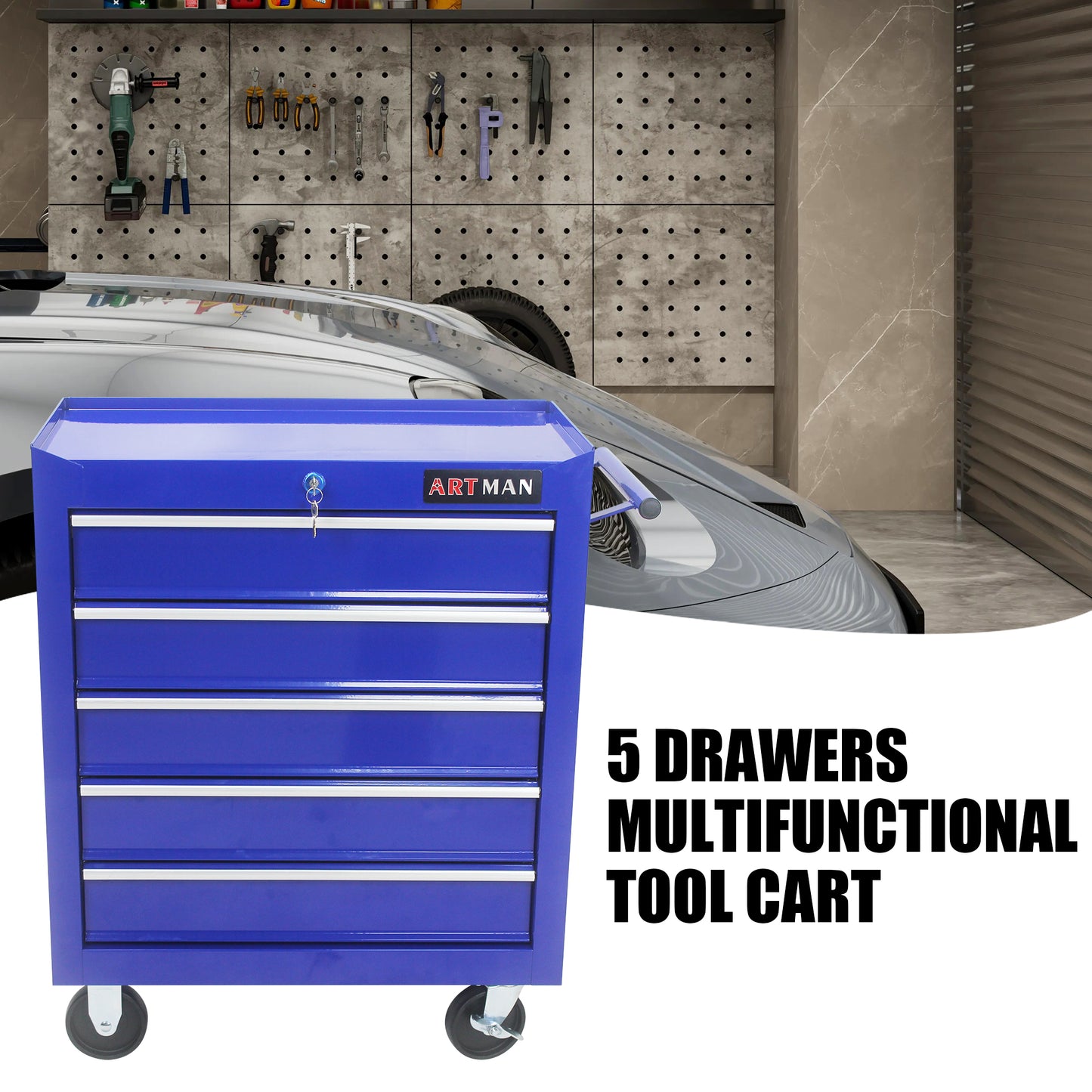 Blue Rolling Tool Cart with 5 Drawers