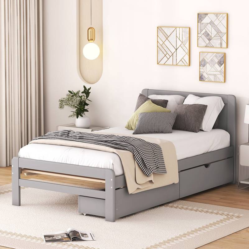 Chic Grey Twin Platform Bed with Storage Drawers