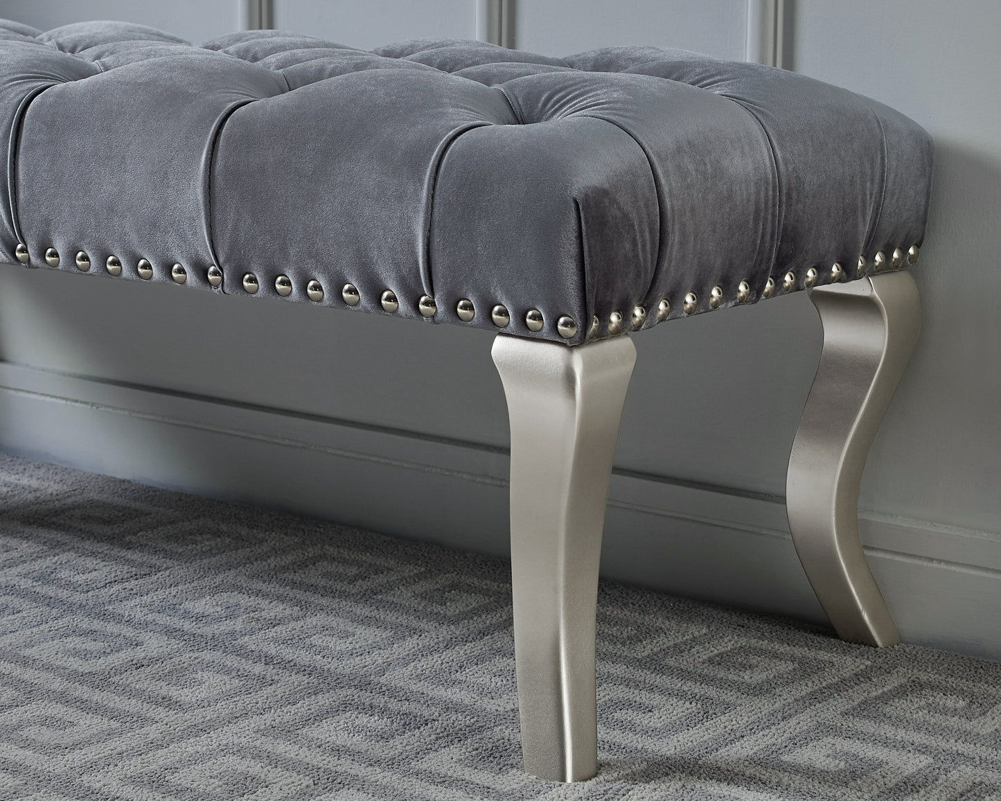 Chic Gray Tufted Bench with Nailhead Accent