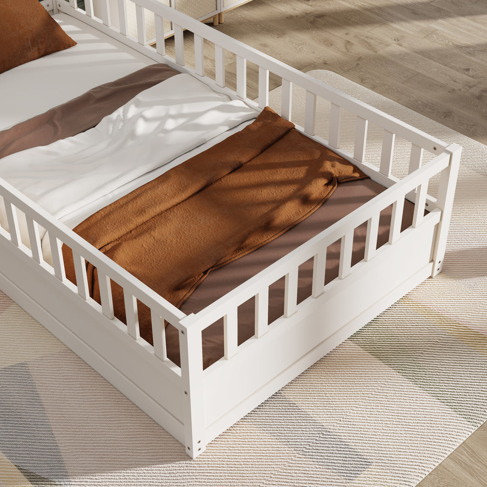 Cozy Twin Montessori Floor Bed with Safety Barrier