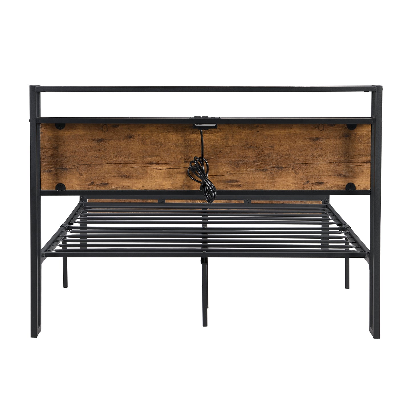 Stylish Queen Metal Bed Frame with Wooden Accents & USB Charging - No Box Spring Needed!