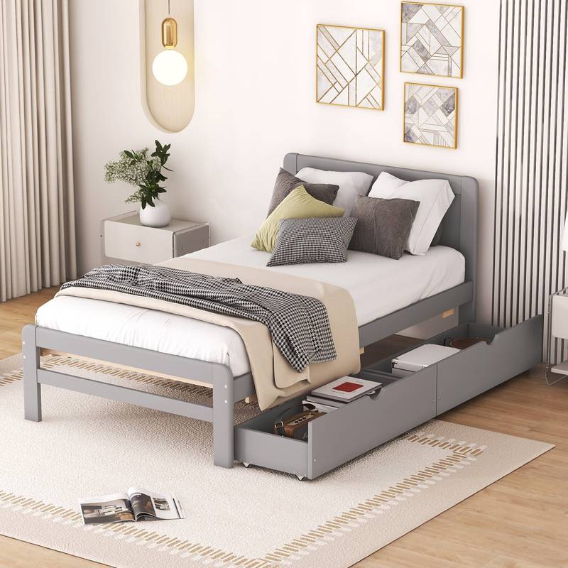 Chic Grey Twin Platform Bed with Storage Drawers