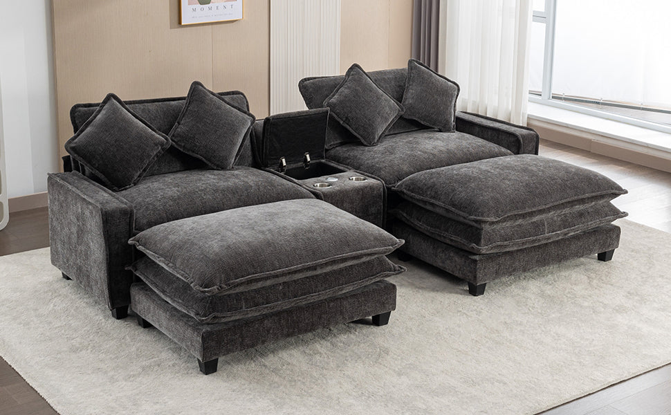 Cozy Black Chenille Sectional Sofa with Ottomans and USB Ports