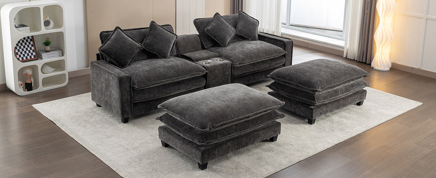 Cozy Black Chenille Sectional Sofa with Ottomans and USB Ports