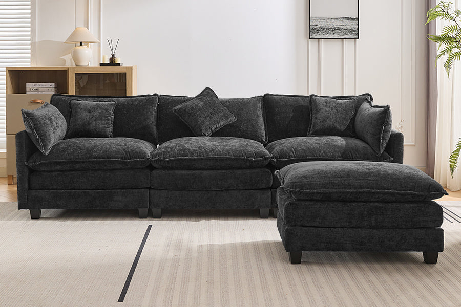 Chic L-Shape Chenille Sofa with Ottoman & Pillows