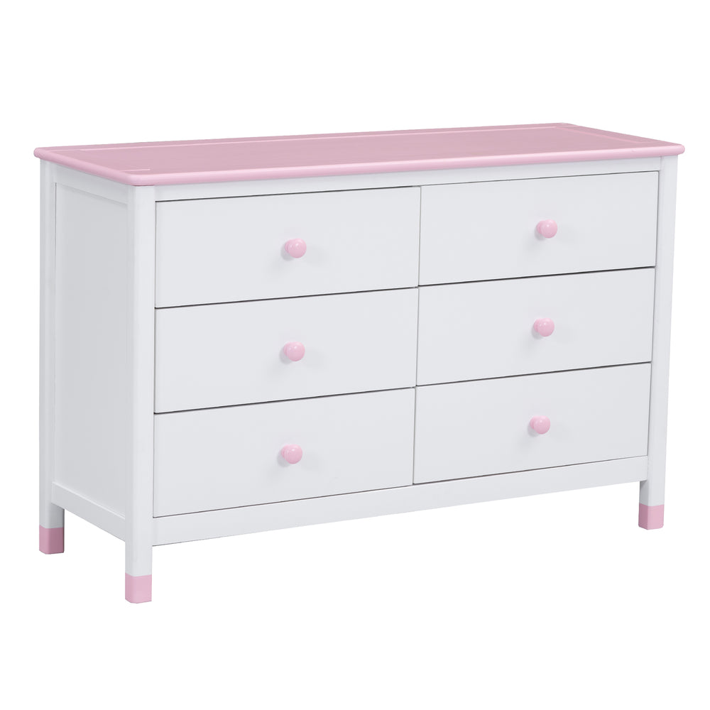 Chic Twin Bedroom Set with Nightstand and Storage Dresser in White and Pink