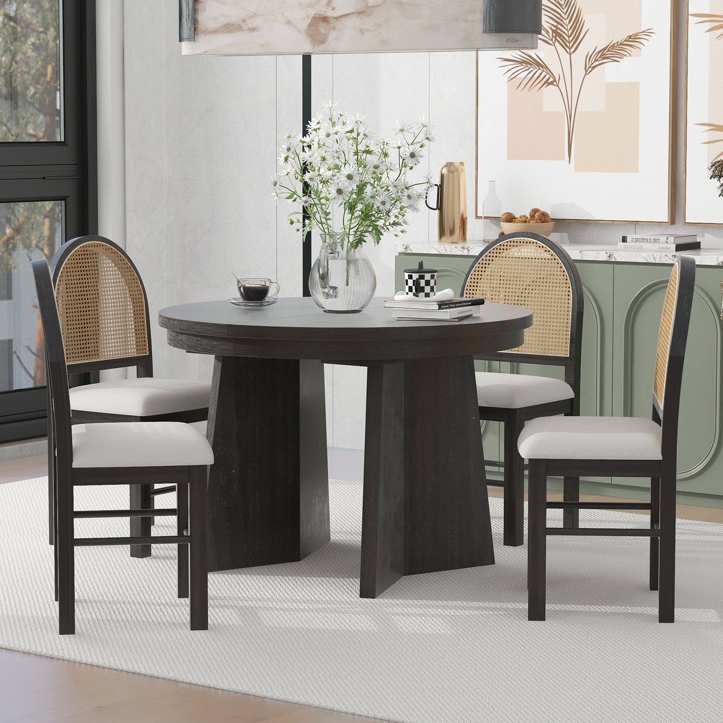 Vintage Vibes Dining Set: Extendable Table & Cozy Upholstered Chairs