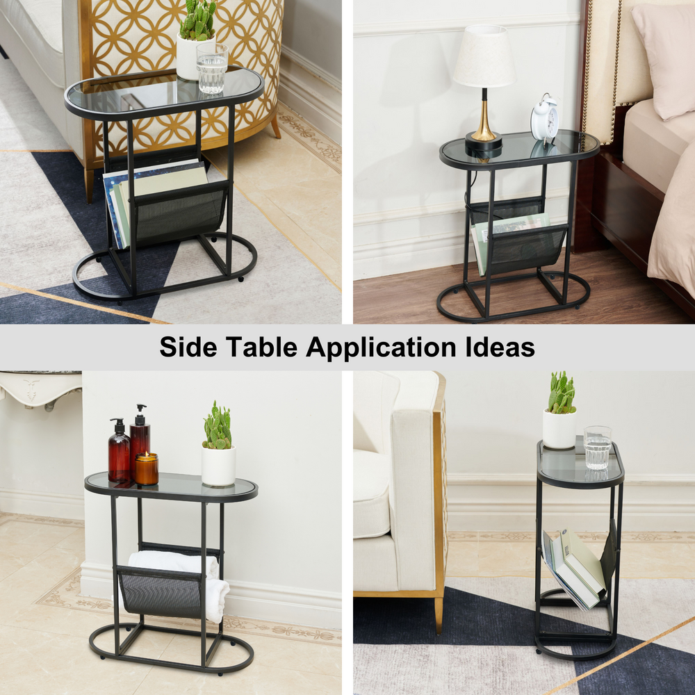 Chic Oval Glass Side Table with Magazine Storage