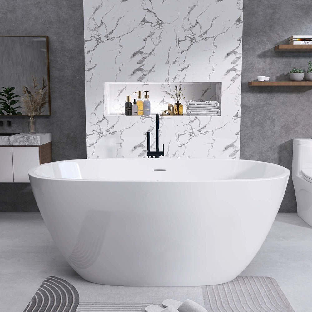 Elegant Oval Soaking Tub – Freestanding Comfort with Chrome Drain