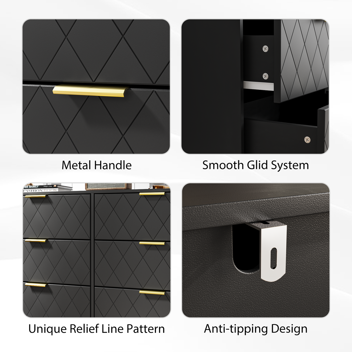 Sleek Black 6-Drawer Dresser with Gold Accents