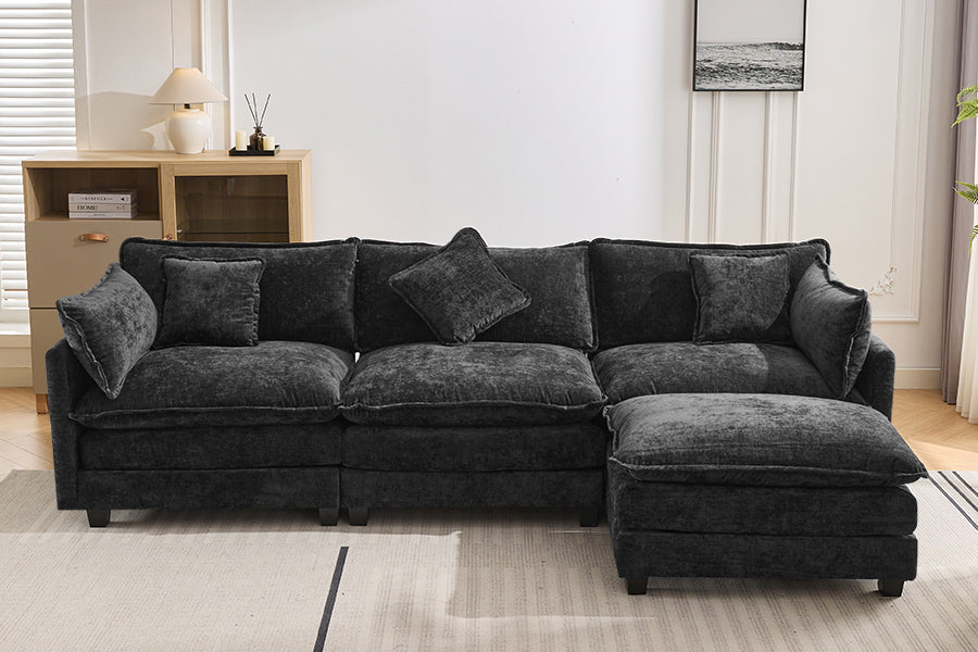 Chic L-Shape Chenille Sofa with Ottoman & Pillows