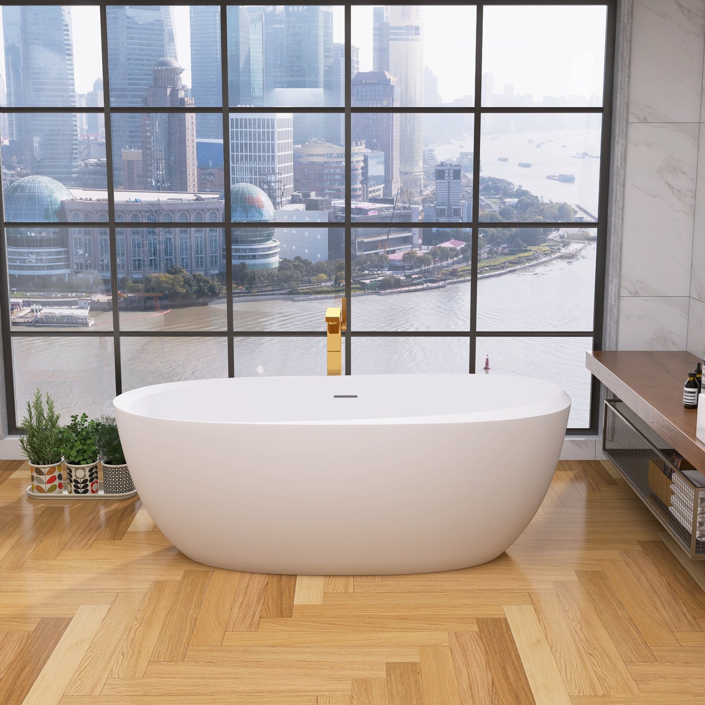 Sleek White Freestanding Soaking Tub with Easy Drain