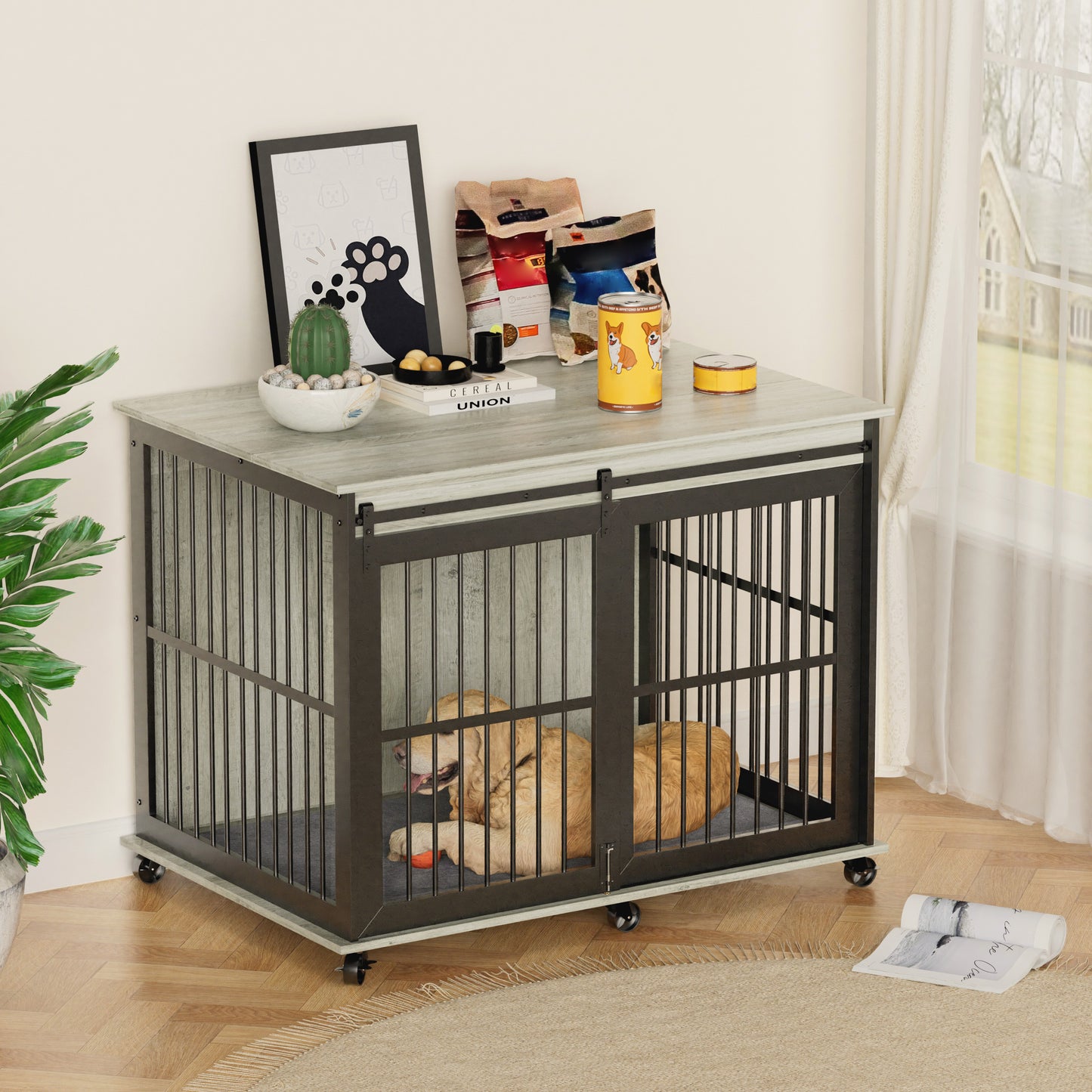 Stylish Dog Crate with Sliding Iron Door & Cozy Mat