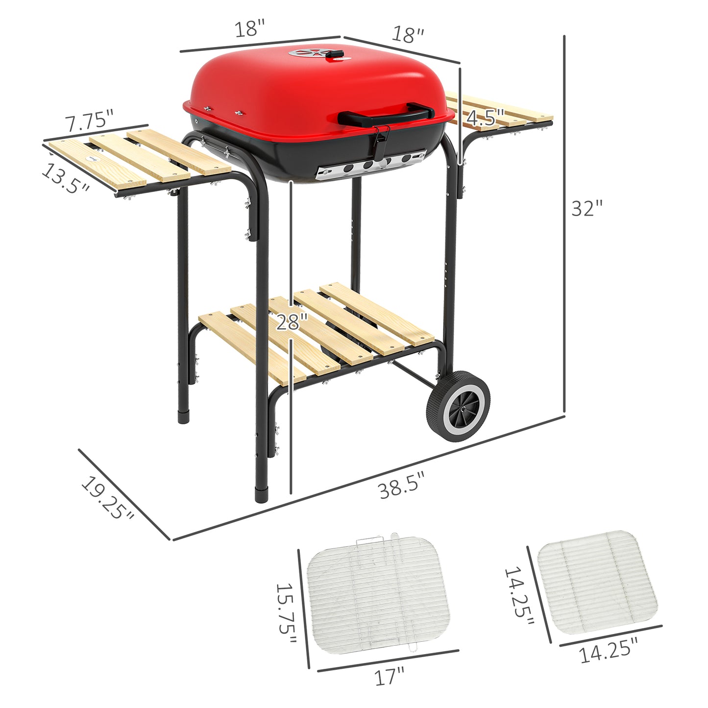 Red Hot Portable Charcoal Grill with Wheels and Side Tables