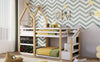 Cozy Twin House Bunk Bed with Storage Steps & 2 Fun Blackboards