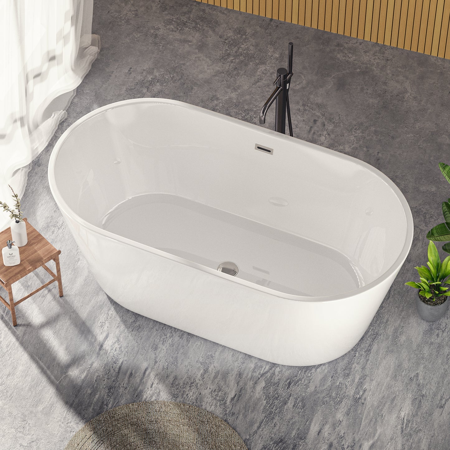 Chic White Freestanding Soaking Tub with Sleek Drain