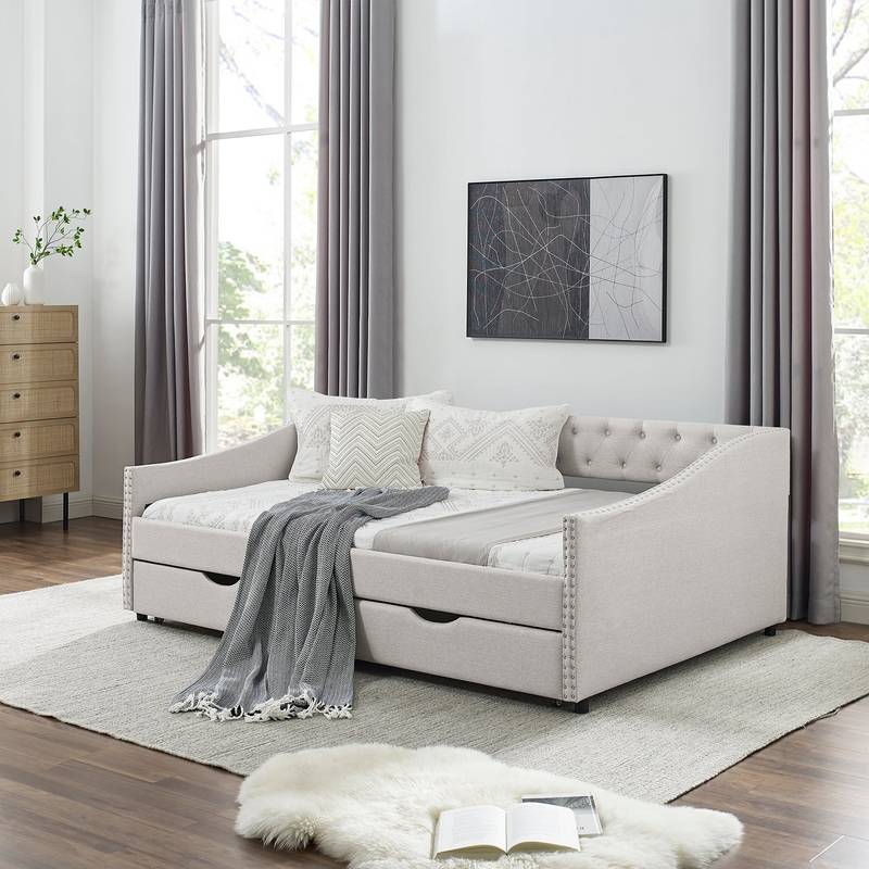 Chic Beige Daybed with Storage Drawers