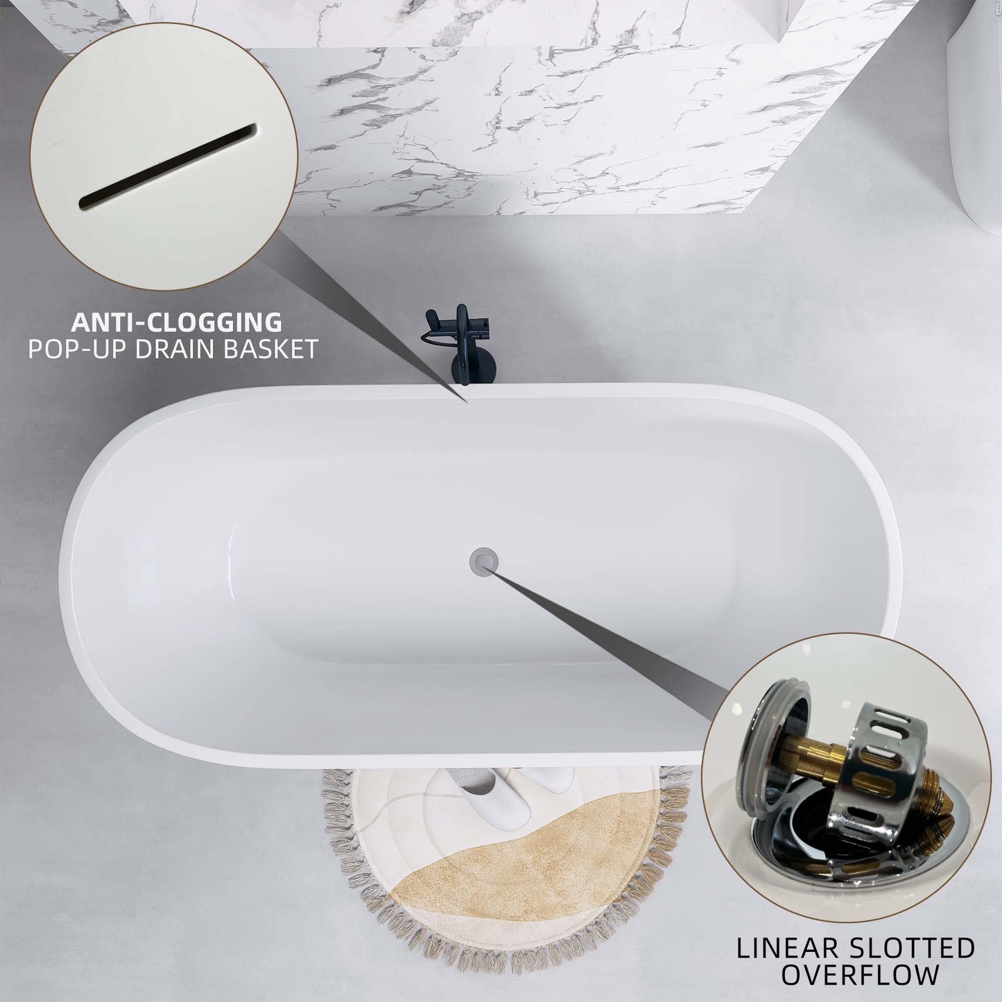 Elegant Oval Soaking Tub – Freestanding Comfort with Chrome Drain