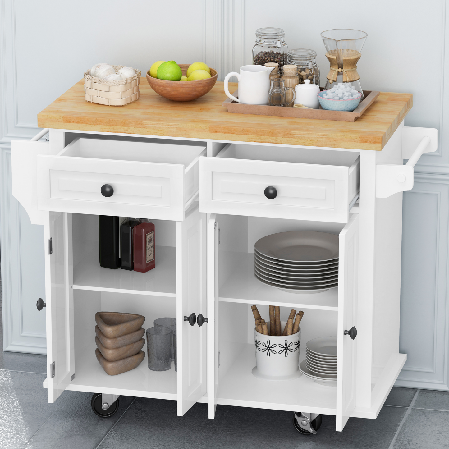 Versatile White Kitchen Island Cart with Storage & Locking Wheels