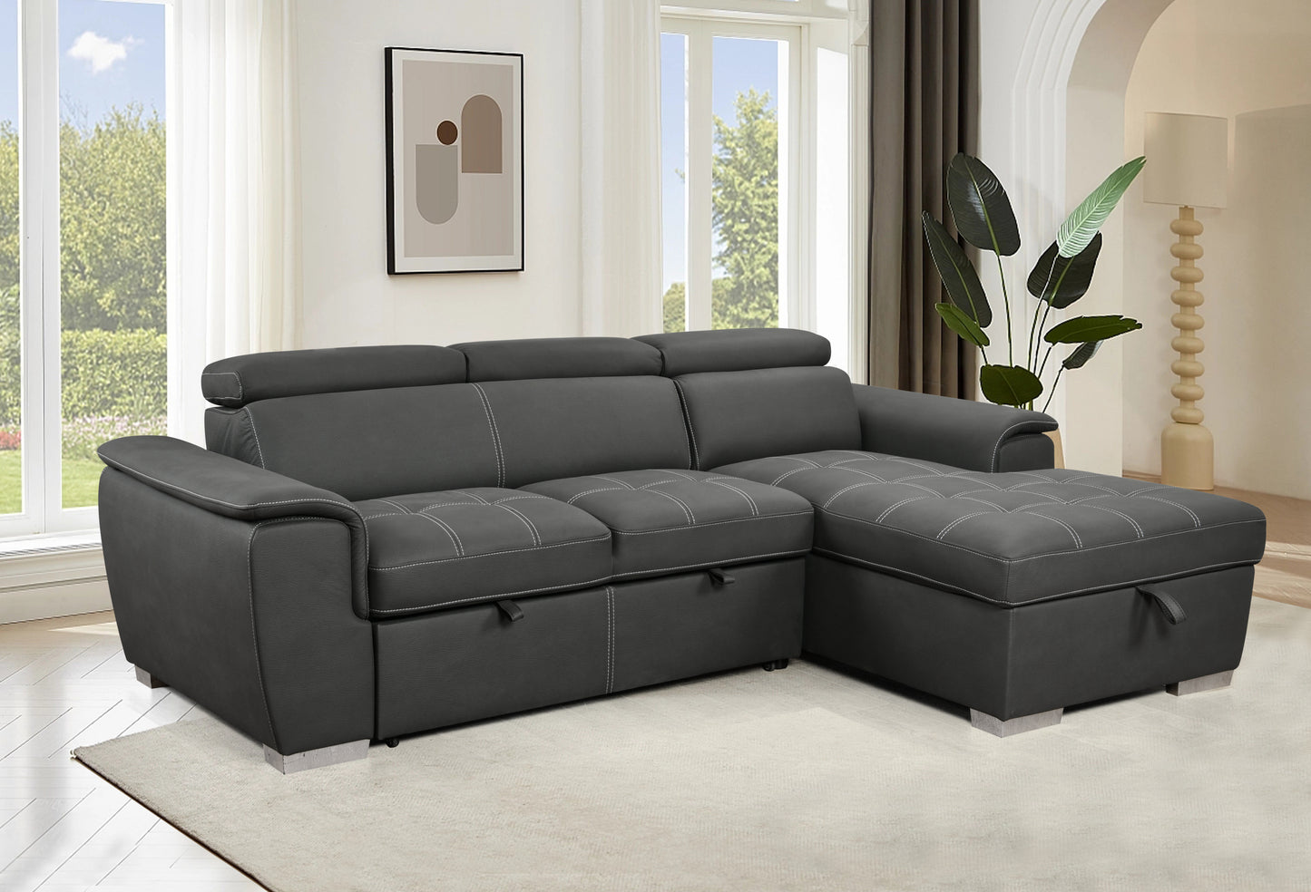 Cozy Convertible Gray Sectional with Storage & Pull-Out Bed