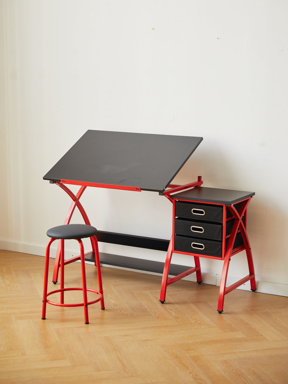 Chic Red Drafting Table Set with Stool