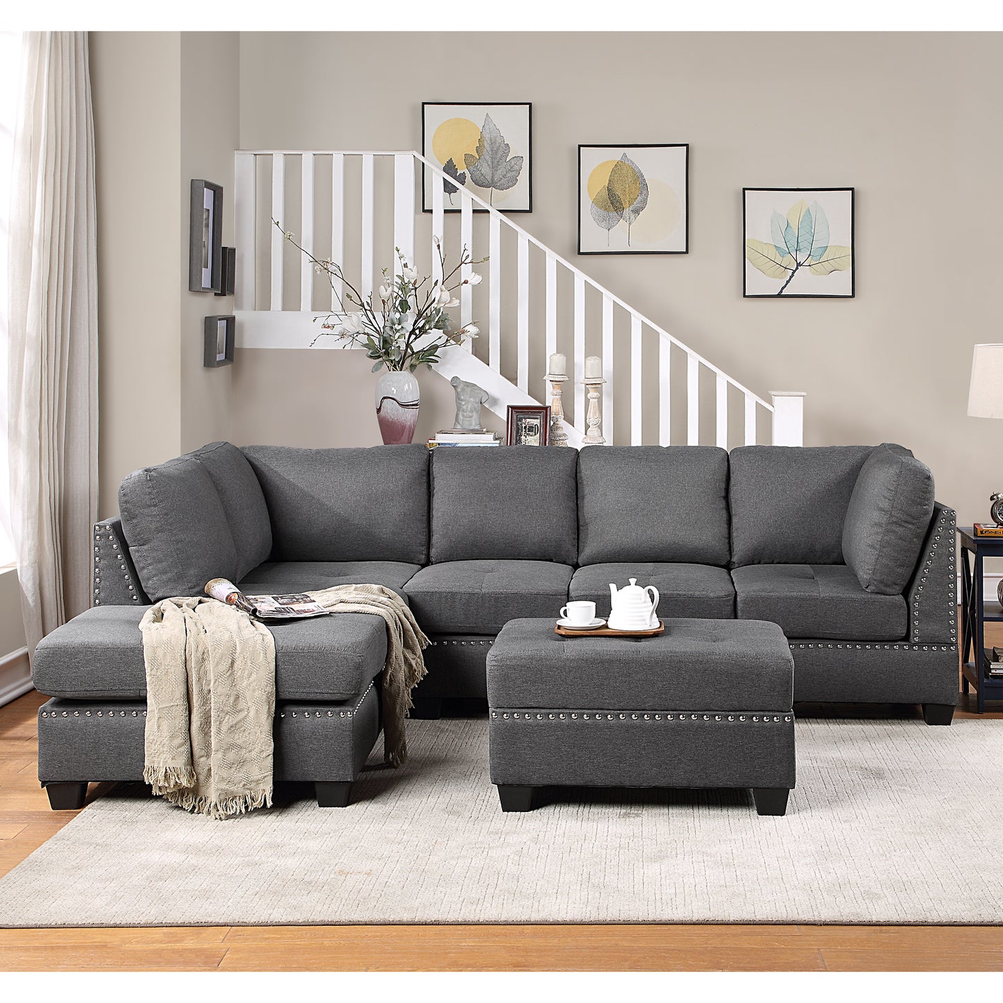 Cozy Gray Reversible Sectional Sofa with Storage Ottoman