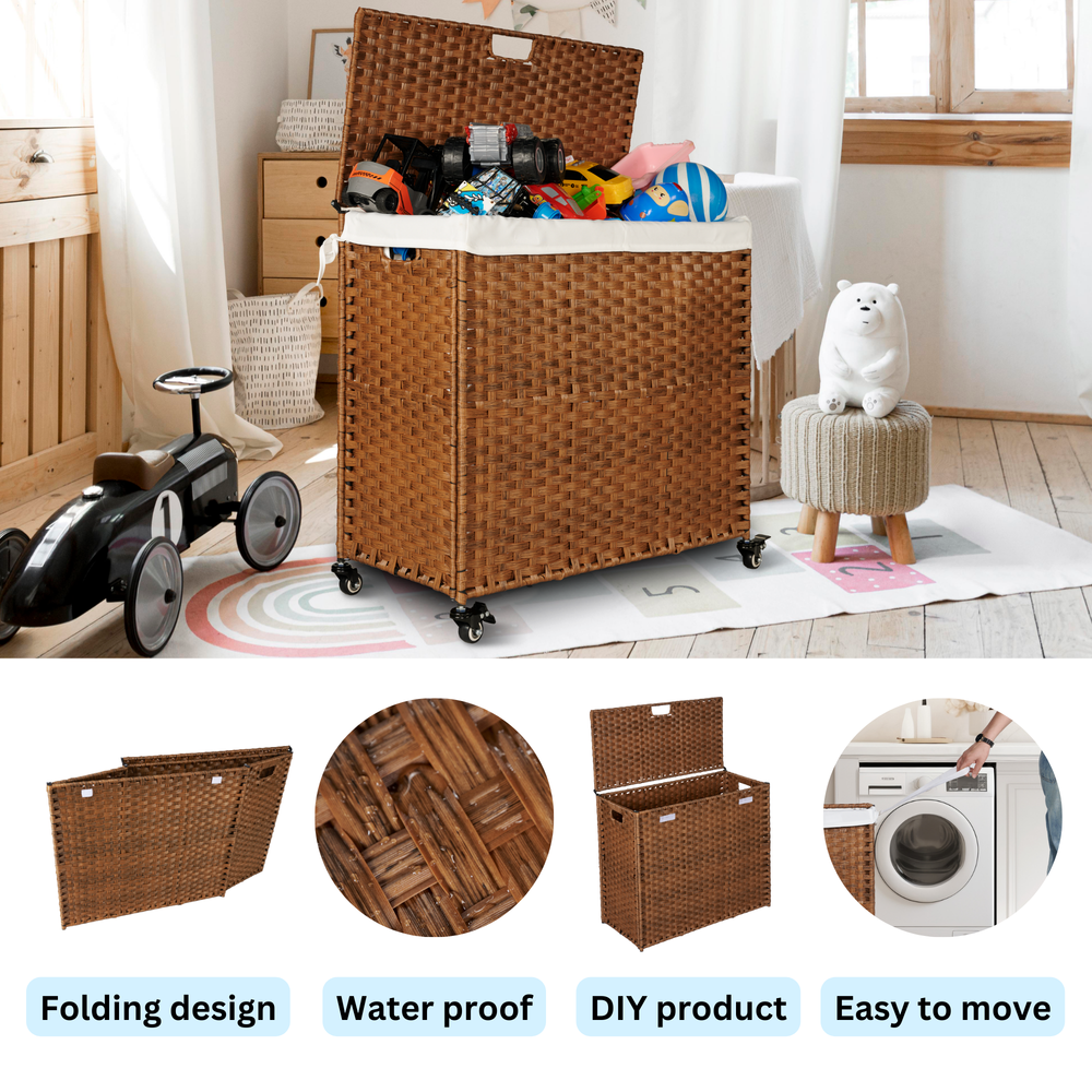 Stylish Brown Laundry Hamper with Lids and Wheels