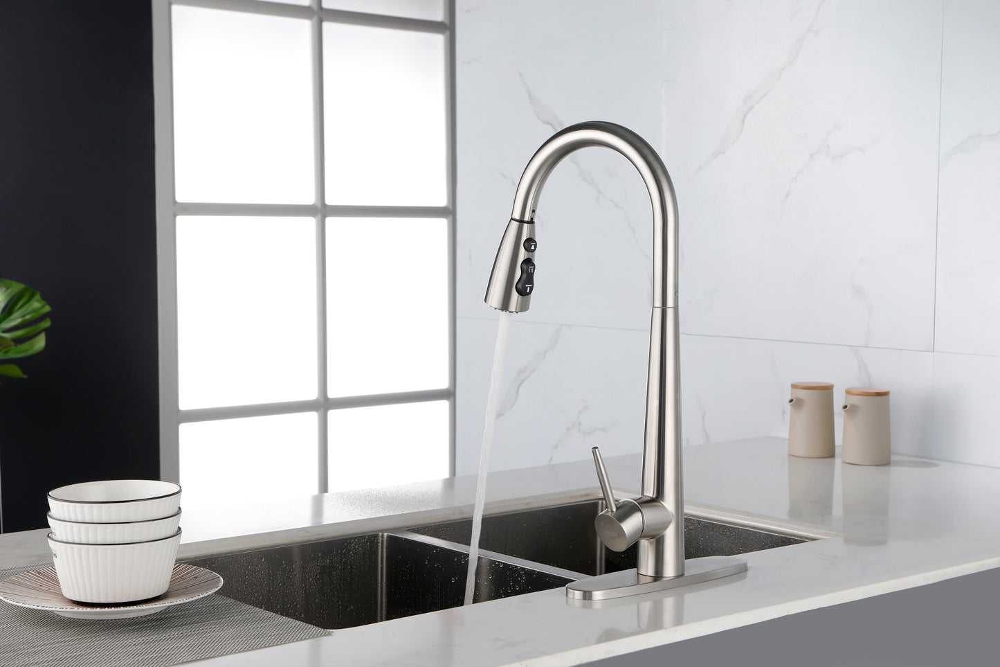 Sleek Brushed Nickel Kitchen Faucet with Pull-Down Sprayer