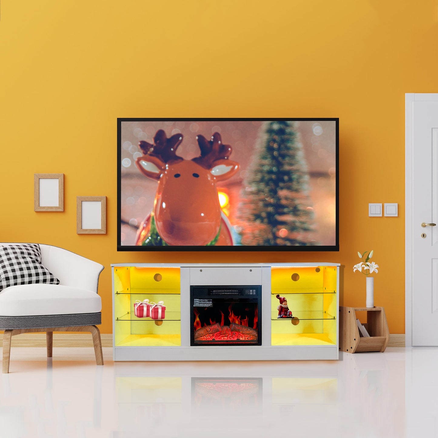 Cozy Fireplace TV Stand – Modern Entertainment Hub with Electric Heater and Storage