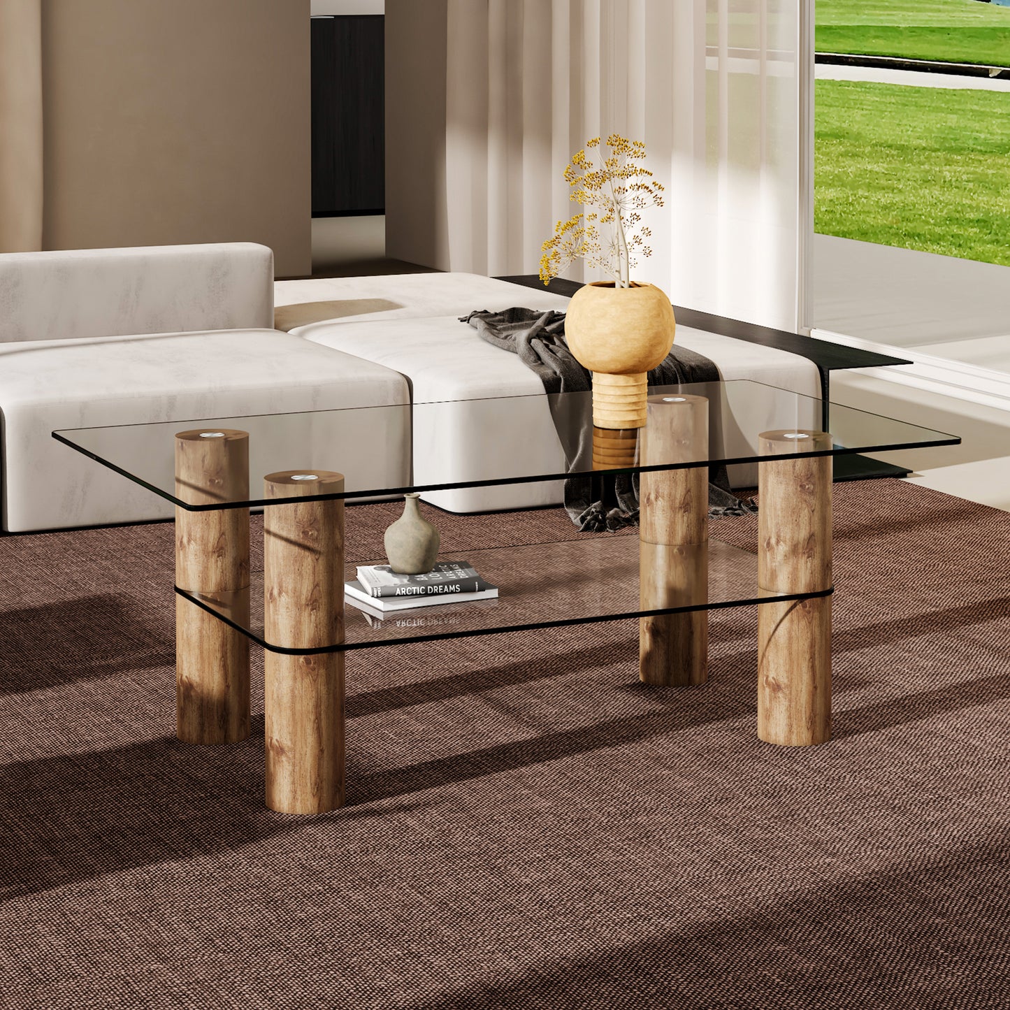 Sleek Dual-Layer Glass Coffee Table with Wooden Accents