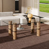 Sleek Dual-Layer Glass Coffee Table with Wooden Accents