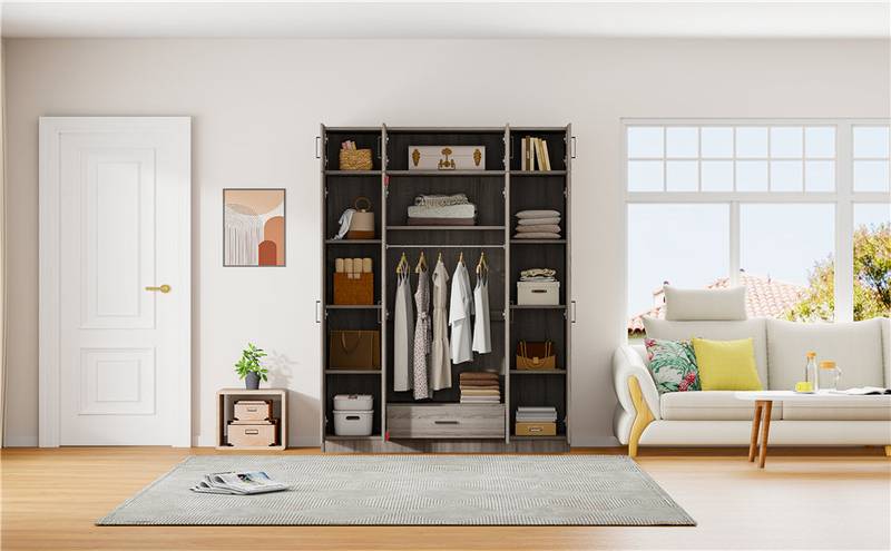Stylish Gray Four-Door Wardrobe with Drawer and Cabinet