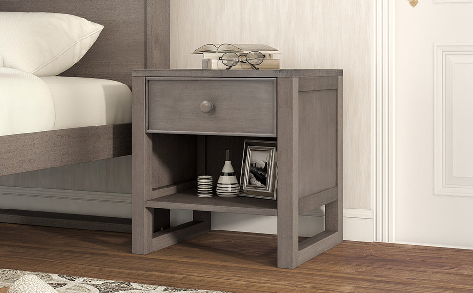 Charming Gray Wooden Nightstand with Drawer and Open Shelf