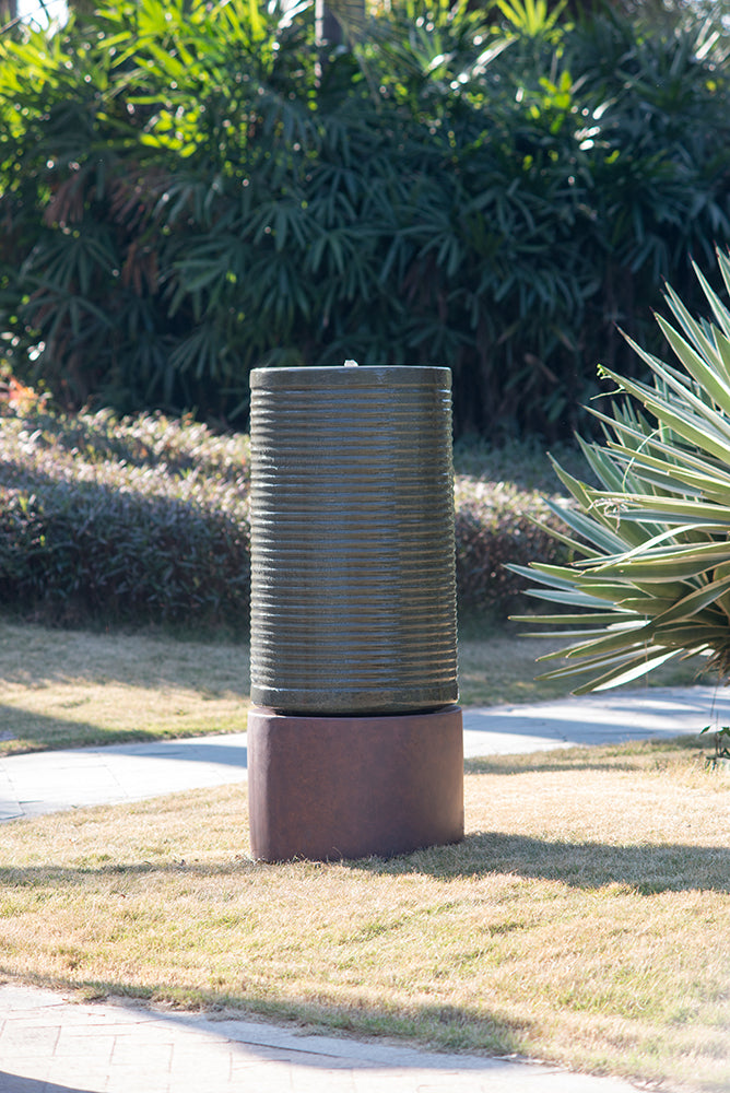 Rustic Green Cylinder Fountain & Bird Bath