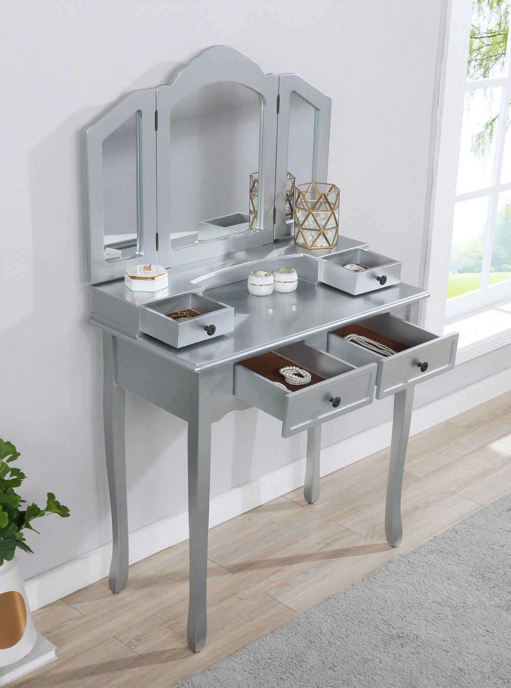 Glamour Wood Vanity Set in Silver