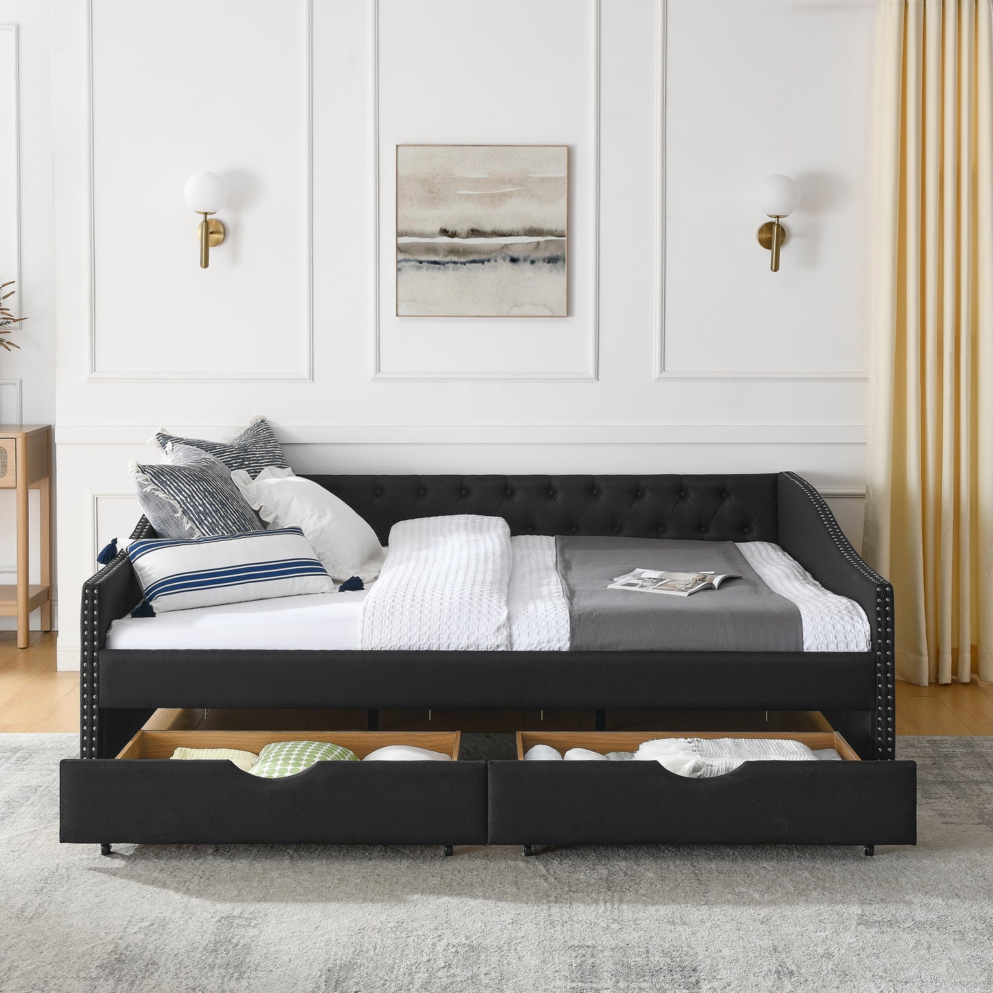 Chic Queen Upholstered Daybed with Storage Drawers