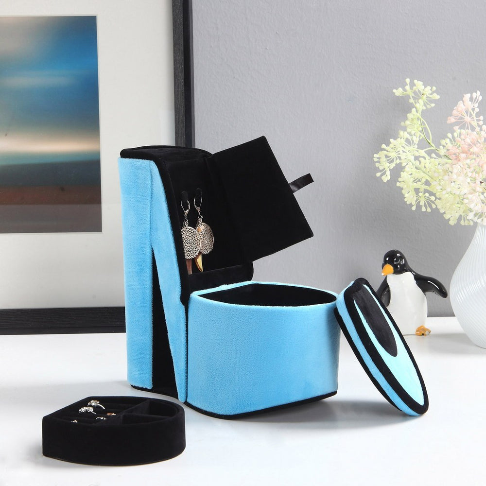 Chic Hidden Storage Jewelry Box - Turquoise Velvet High Heel Design