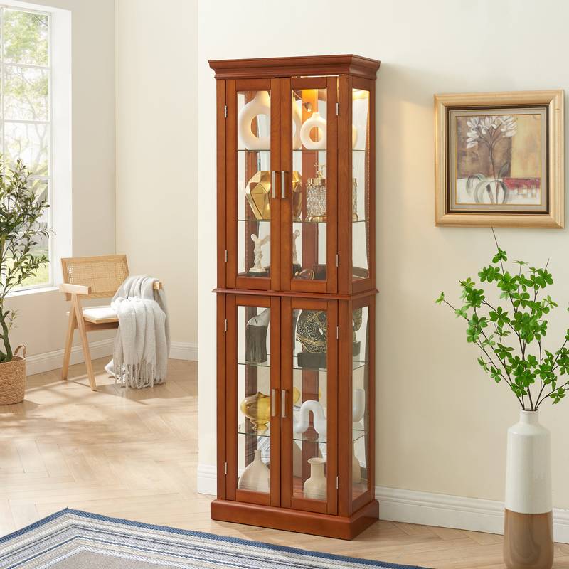 Luminous Walnut Curio Cabinet with Adjustable Shelves and Mirror Back