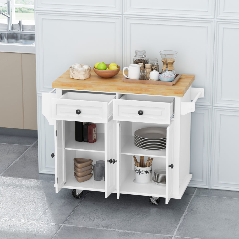 Versatile White Kitchen Island Cart with Storage & Locking Wheels