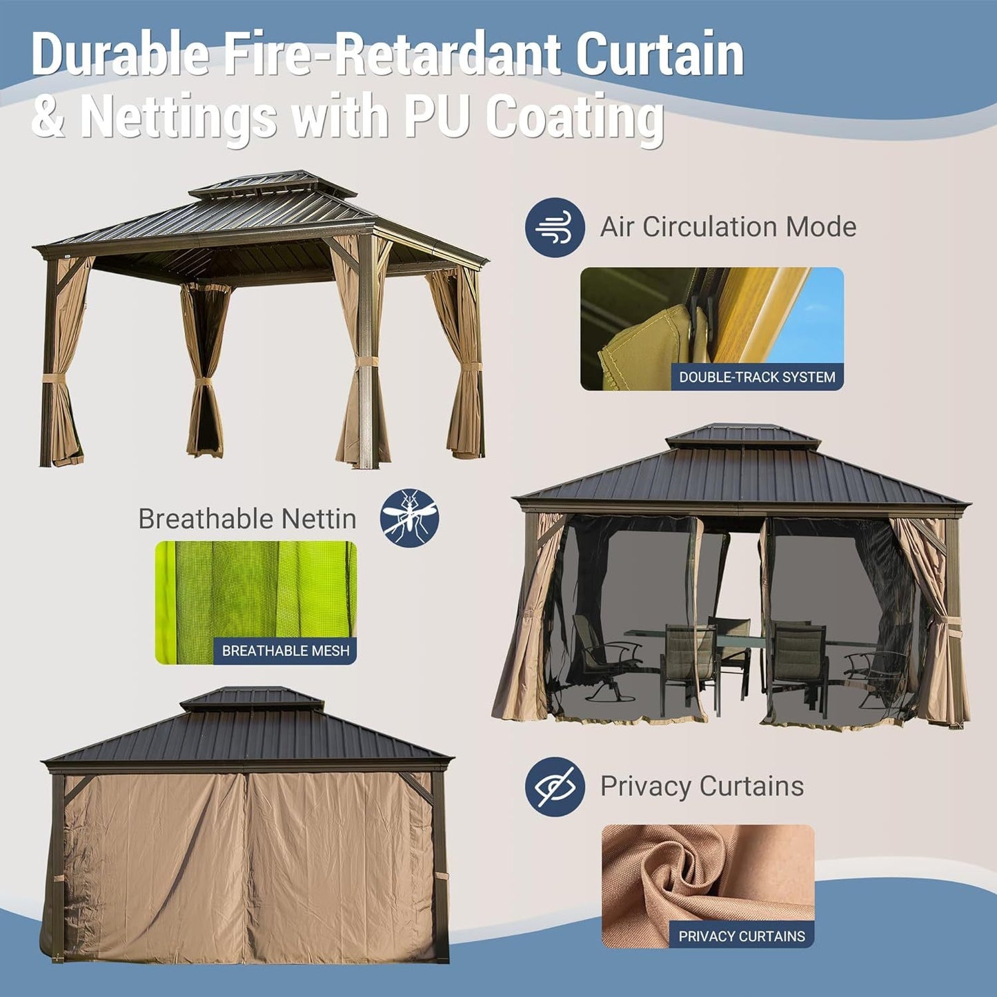 Charming Outdoor Hardtop Gazebo with Double Canopy and Curtains